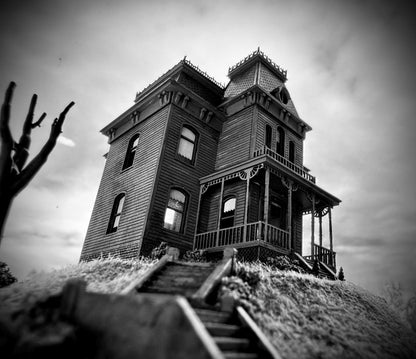 Model Miniature of Psycho movie house in glass dome. Bates Motel. Hitchcock
