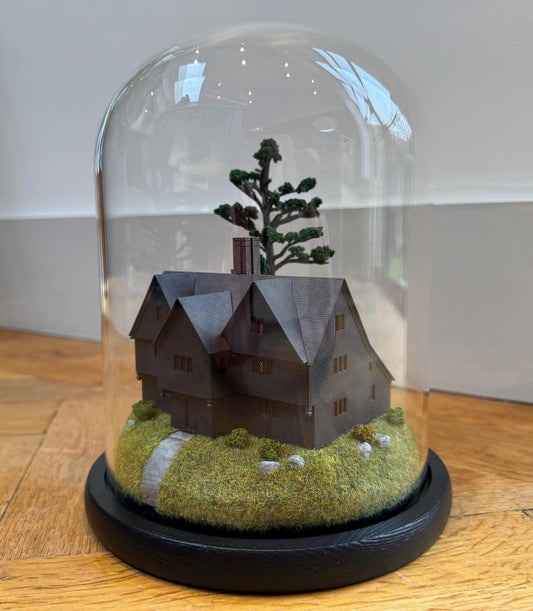 Model miniature Salem Witch House in glass dome